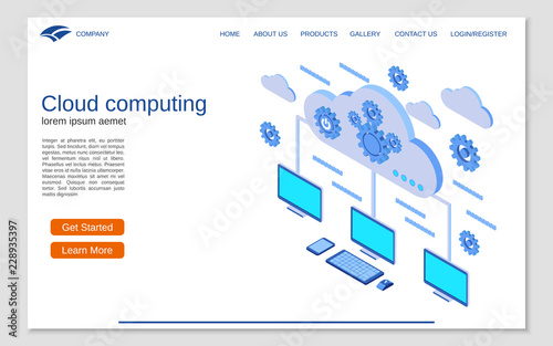 Cloud computing flat 3d isometric vector concept illustration. Website landing page vector template