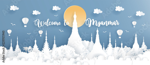 Travel poster or postcard promoting world famous landmarks with the temple of Bagan, Myanmar in paper art design vector illustration.