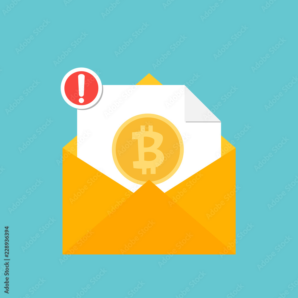 Bitcoin in envelope. New email notification with warning mark. Danger warning attention sign, Message envelope icon vector illustration in flat style Bitcoin in envelope. New email notification with warning mark. Danger warning attention sign, Message envelope icon vector illustration in flat style