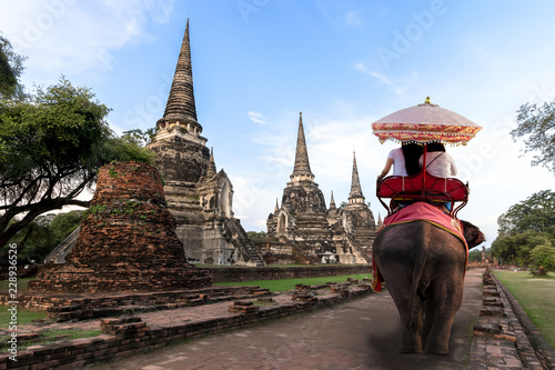 Foreign tourists Elephant ride to visit Ayutthaya, There are ruins and templesi in the Ayutthaya period.Concept is Travel in temple phar sri sanphet.