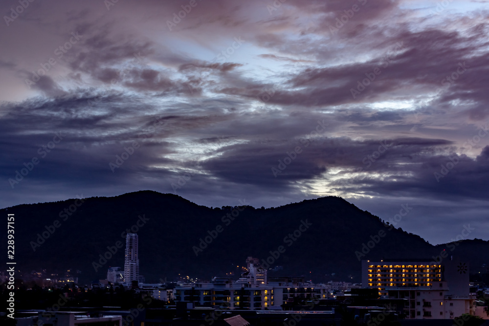 Dusk looking out over the city of Patong, Phuket Thailand.
