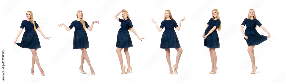 Beautiful pregnant woman in blue dress isolated on white Beautiful pregnant woman in blue dress isolated on white