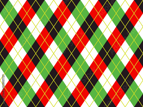 Christmas Red, Green, Black and White Argyle Seamless Vector Pattern Background. Xmas Sweater Style Textile Print. Classic Stockings Diamond Check Fabric Texture. Pattern Tile Swatch Included.