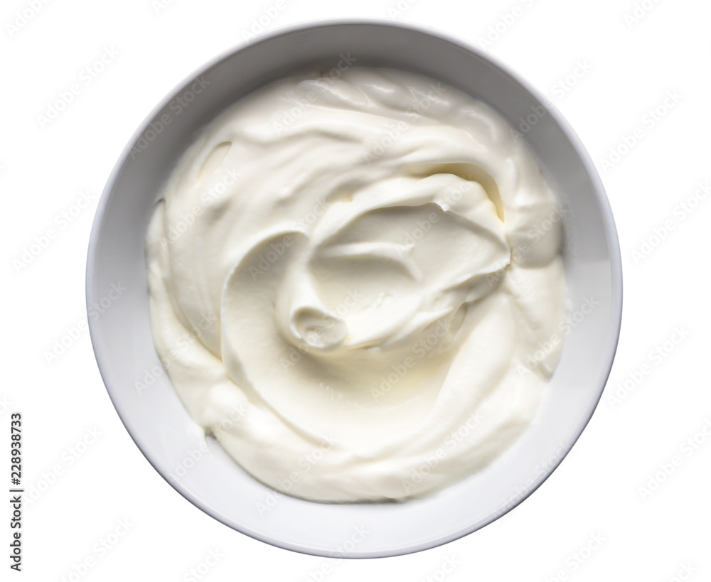 Yogurt isolated on white - Natural creamy white Greek yoghurt - top view photo Yogurt isolated on white - Natural creamy white Greek yoghurt - top view photo