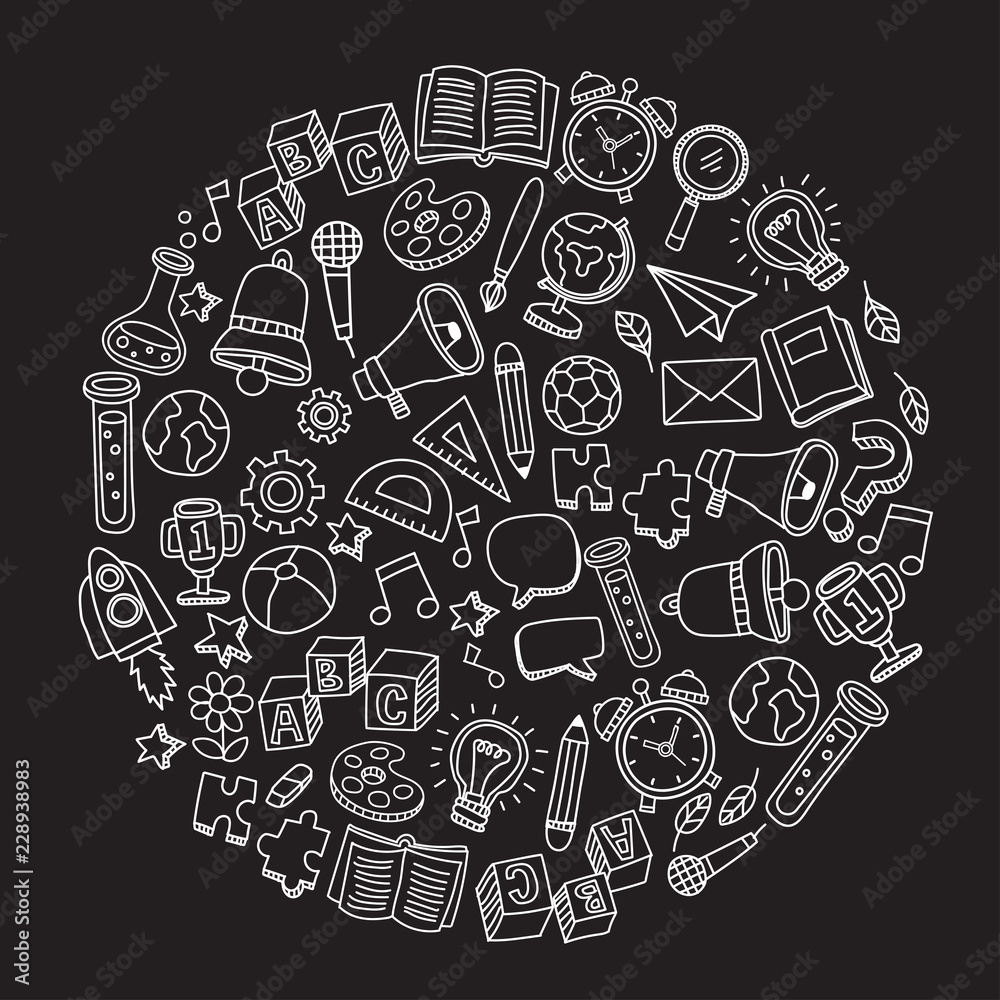 Set of hand drawn kid learning doodles shaped in circle : Vector Illustration