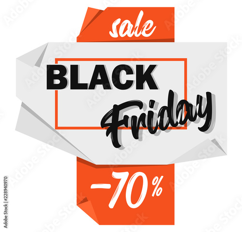 Black Friday advertising price tag. Origami-style paper with a designation of a seat in a special promotional offer. Vector illustration for marketing and advertising for stores and websites.