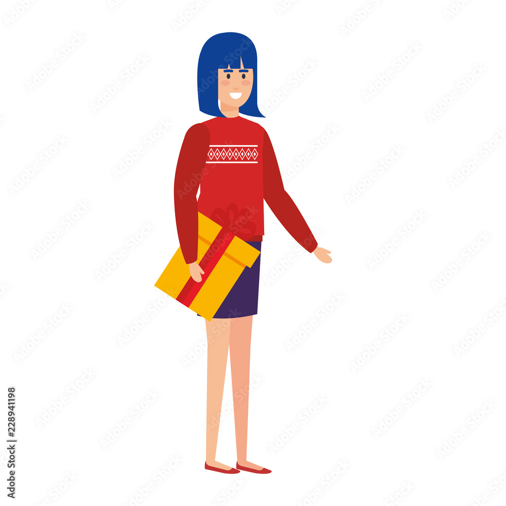 woman with christmas clothes and gift woman with christmas clothes and gift