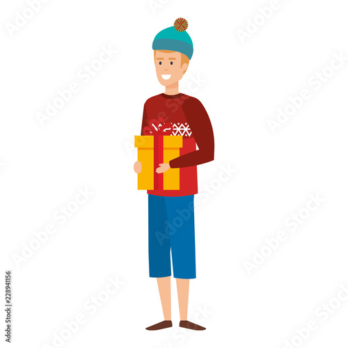 young man with christmas clothes and gift