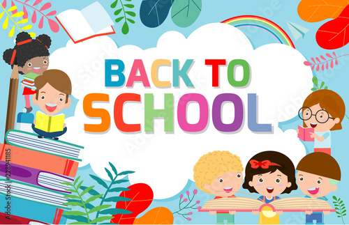 Back to school banner background.welcome back to school,children reading book,Cute school kids.education concept, Template for advertising brochure, your text ,Vector Illustration
