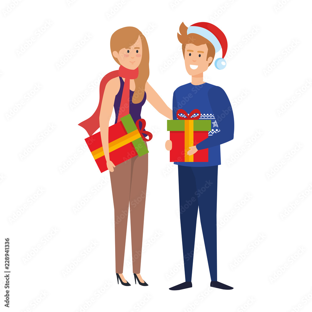 young couple with winter clothes and gifts