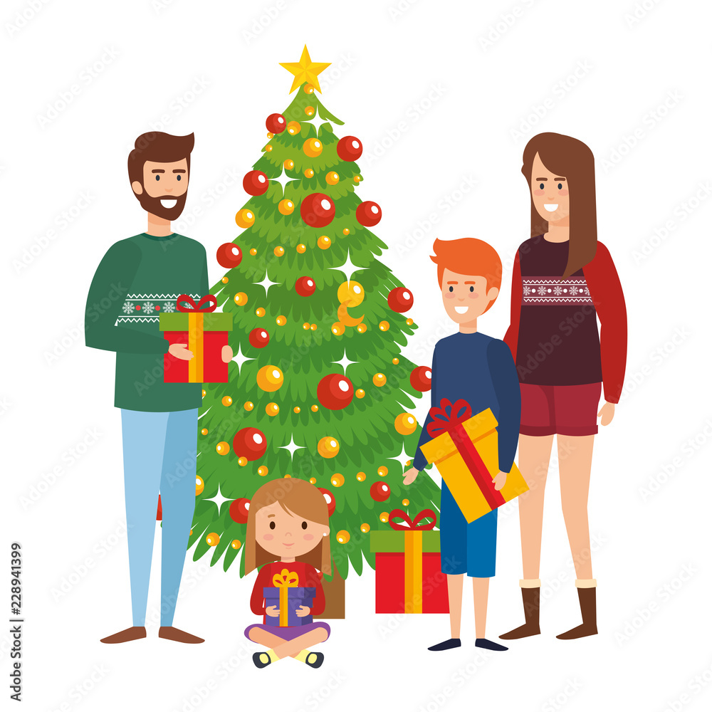 parents couple with kids and christmas tree