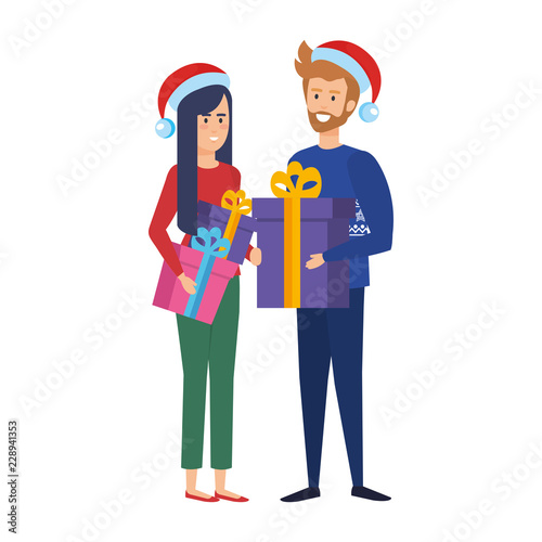 young couple with winter clothes and gifts