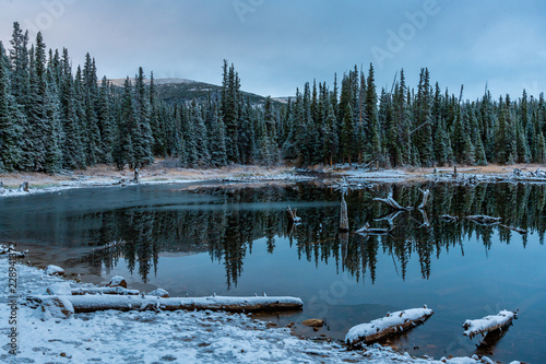Beautiful Winter Landscape of Calm Mountain Lake with Reflection