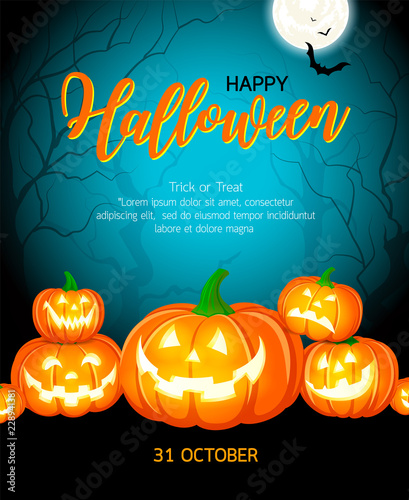 Halloween pumpkins, moon and dark castle on blue background. Happy Halloween concept. Illustration design for greeting card, poster banner or print.