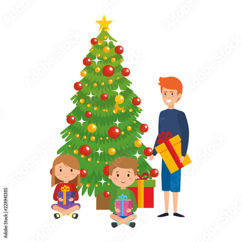 little kids with winter clothes and christmas tree