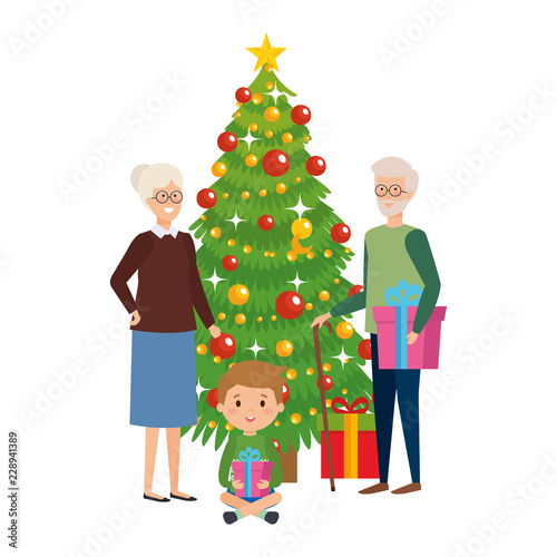 grandparents couple with grandson and christmas tree