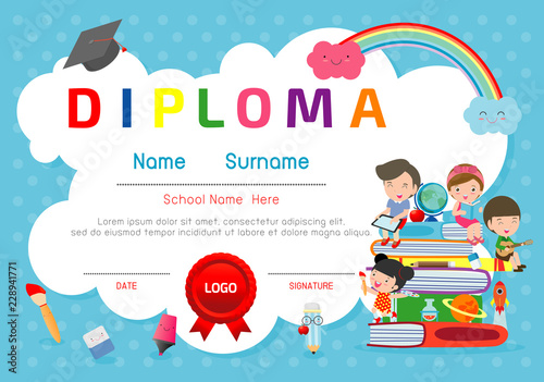Certificates kindergarten and elementary, Preschool Kids Diploma certificate pattern design template, Diploma template for kindergarten students, Certificate of kids diploma, vector illustration
