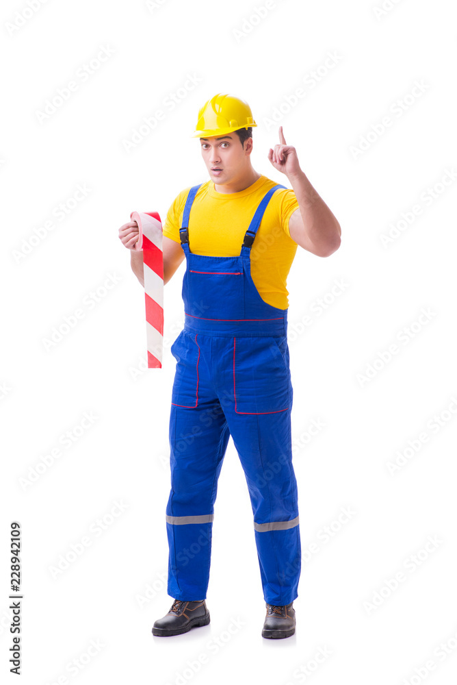 Funny worker wearing coveralls with tape Funny worker wearing coveralls with tape