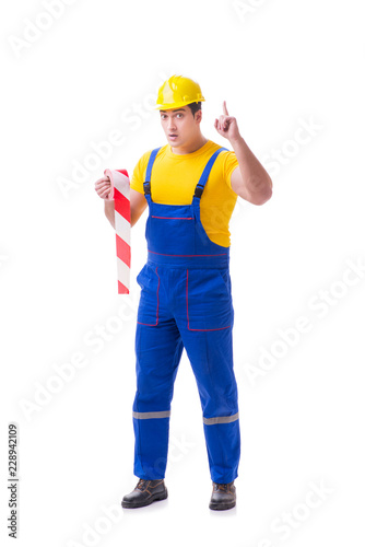 Funny worker wearing coveralls with tape © Elnur