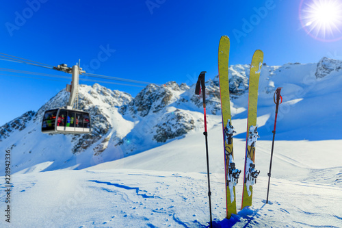 Ski in winter season, mountains and ski touring backcountry equipments on the top of snowy mountains in sunny day, Verbier Switzerland. © Gorilla
