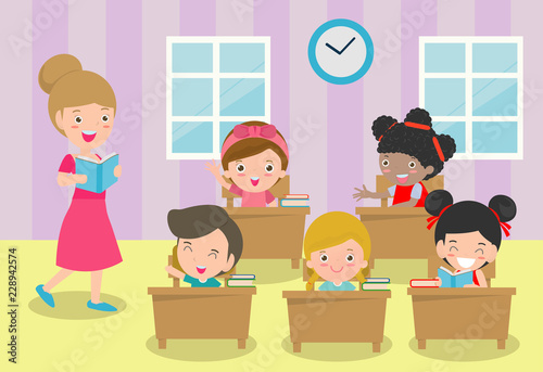 Teacher and school kids in classroom at lesson, Pupils study in the classroom, children with Teacher in classroom, vector illustration