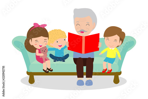 Grandfather reading fairy tales to his grandchildren, reading and telling book fairy tale story, Kids Listening to Their Grandfather Tell a Story, Vector Illustration