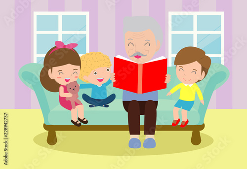 Grandfather reading fairy tales to his grandchildren, reading and telling book fairy tale story, Kids Listening to Their Grandfather Tell a Story, Vector Illustration