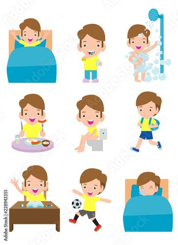 daily routine activities for kids with cute boy,routines for kids, daily routine of children, Little child daily activities, Daily Routine set with cute kids Vector Illustration on white background