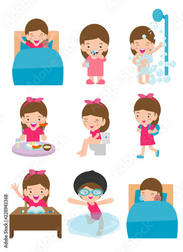 daily routine activities for kids with cute girl,routines for kids, daily routine of child, Little children daily activities, Daily Routine set with cute kids Vector Illustration on white background