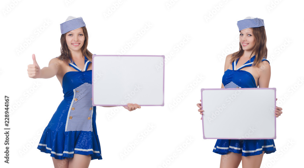 Young woman with blank board on white Young woman with blank board on white