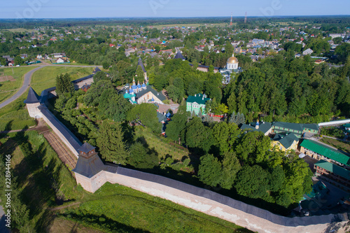 Holy Dormition Pskovo-Pechersky Monastery in the summer landscape  aerial photography . Pechory  Russia
