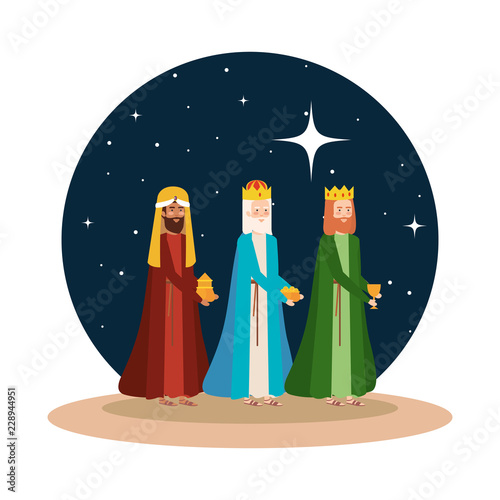 wise kings manger on desert night scene