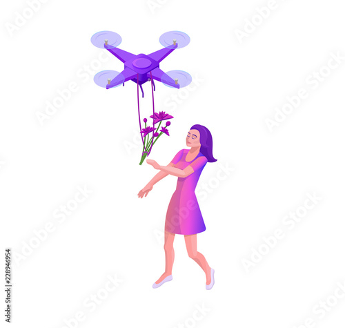 Drone delivering parcel to hipster girl, landing page template with quadcopter, concept of delivery, autonomous photo and video innovation technolodgy, 3d isometric flat vector illustration