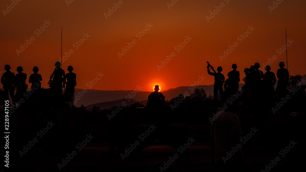 twilight landscape silhouette military on the sunset background twilight landscape silhouette military on the sunset background