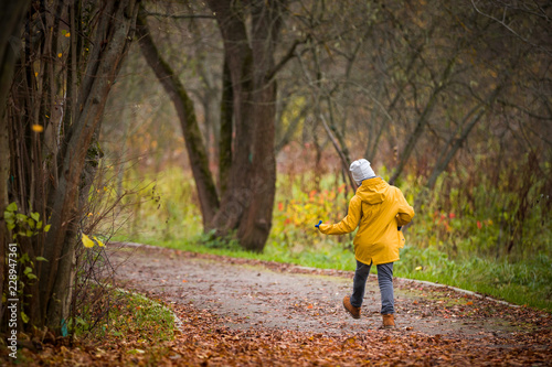 Back view on walking little boy. Child walking in the park on autumn day. Countryside lifestyle. © goodmoments