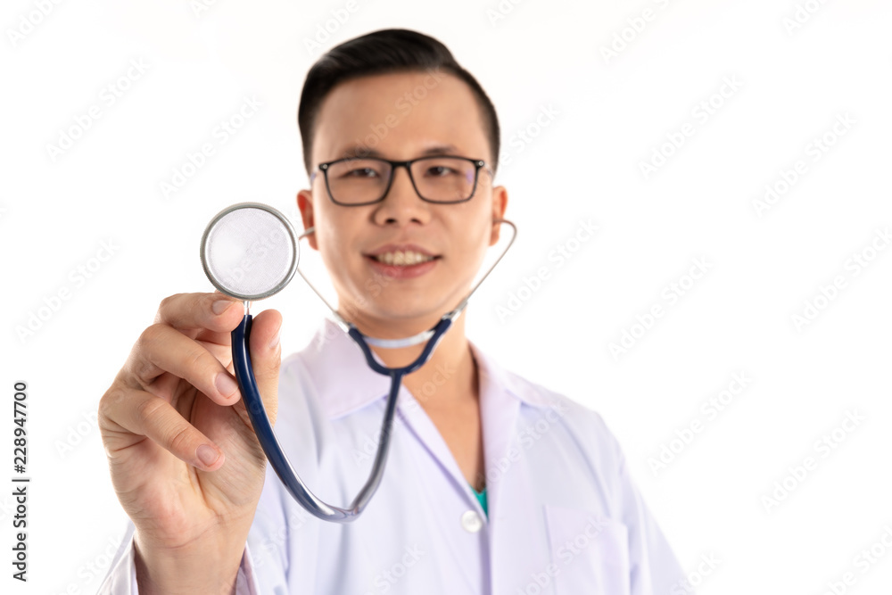 young asian doctor with stethoscope on white background young asian doctor with stethoscope on white background