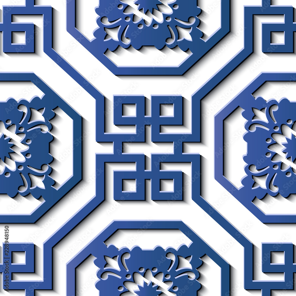 Seamless relief sculpture decoration retro pattern Asian spiral cross polygon geometry frame chain flower Seamless relief sculpture decoration retro pattern Asian spiral cross polygon geometry frame chain flower