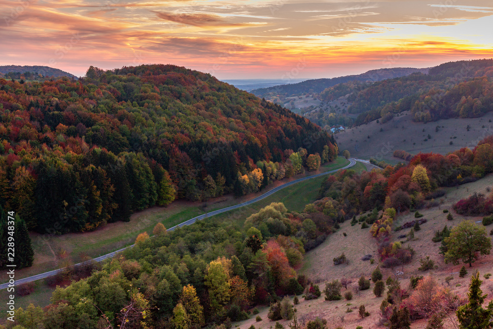 Amazing Franconian Sunset Autumn Landscape in the Hills