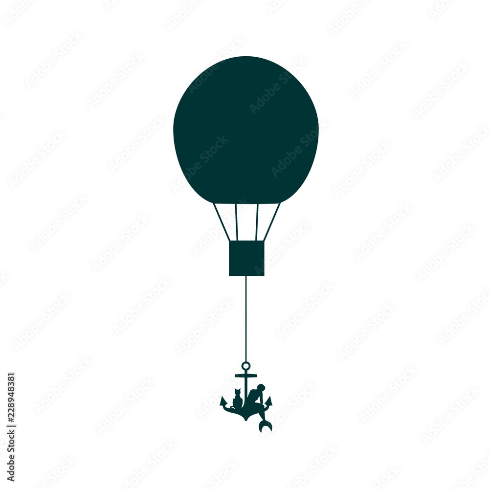 Obraz premium Woman flying on air balloon. Silhouette of beautiful mermaid sitting at anchor with cat.