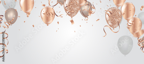 Happy birthday vector illustration. Confetti and ribbons gold orange balloon, confetti, design template for birthday celebration. art