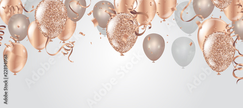 Happy birthday vector illustration. Confetti and ribbons gold orange balloon, confetti, design template for birthday celebration. art