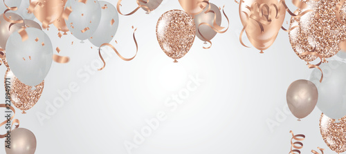 Happy birthday vector illustration. Confetti and ribbons gold orange balloon, confetti, design template for birthday celebration. art