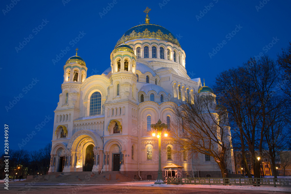 The old Nikolsky Naval Cathedral close-up on March evening. Kronstadt, Russia