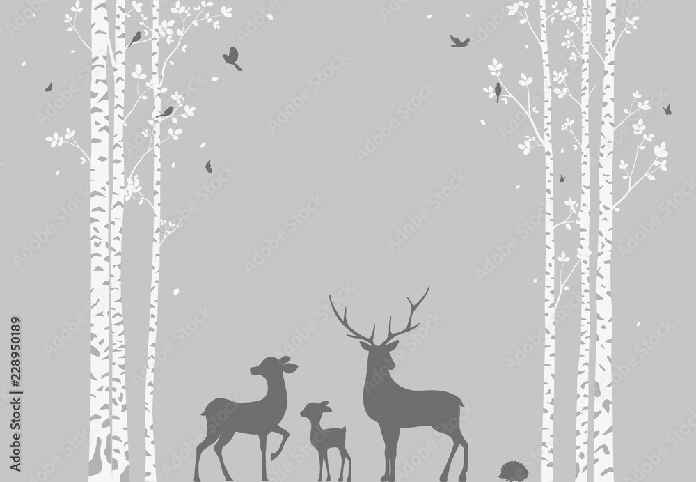 Birch Tree with deer and birds Silhouette Background for wallpaper sticker Birch Tree with deer and birds Silhouette Background for wallpaper sticker
