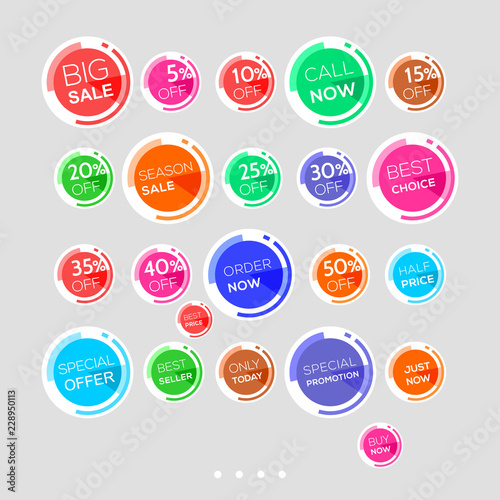 Set of bright abstract rounded sale stickers. Colorful circles on white background. Elements for stickers, web page ad, tickets, discount offer price labels, badges, coupons, flyers etc. In EPS 