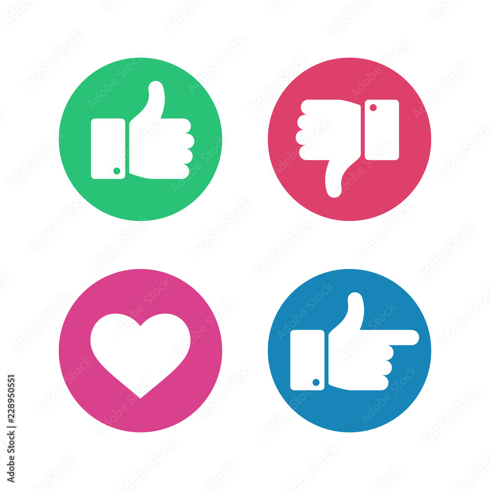 Thumbs up down sign. Point finger and heart icons in red and green circle. Social media love user reaction vector isolated buttons Thumbs up down sign. Point finger and heart icons in red and green circle. Social media love user reaction vector isolated buttons