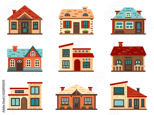 Suburban house. Living houses, housing roof building and home facade vector flat illustration