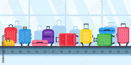 Baggage belt conveyor. Travel suitcases on airport luggage carousel, airline lost suitcase vector illustration