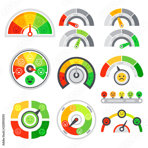 Satisfaction rating meter. Quality speedometer, goods grade indicator and mood graph ratings. Color tachometer indicators vector set