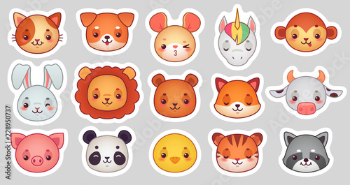 Animals face stickers. Cute animal faces, kawaii funny emoji sticker or avatar. Cartoon vector illustration set